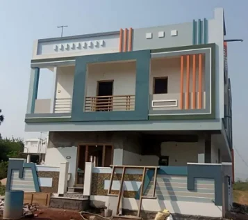 Two-level family home with teal facade frames, open balconies and narrow orange accent strips.