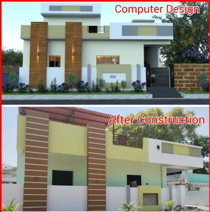 Comparison image showing a proposed house elevation above the completed two-level home.